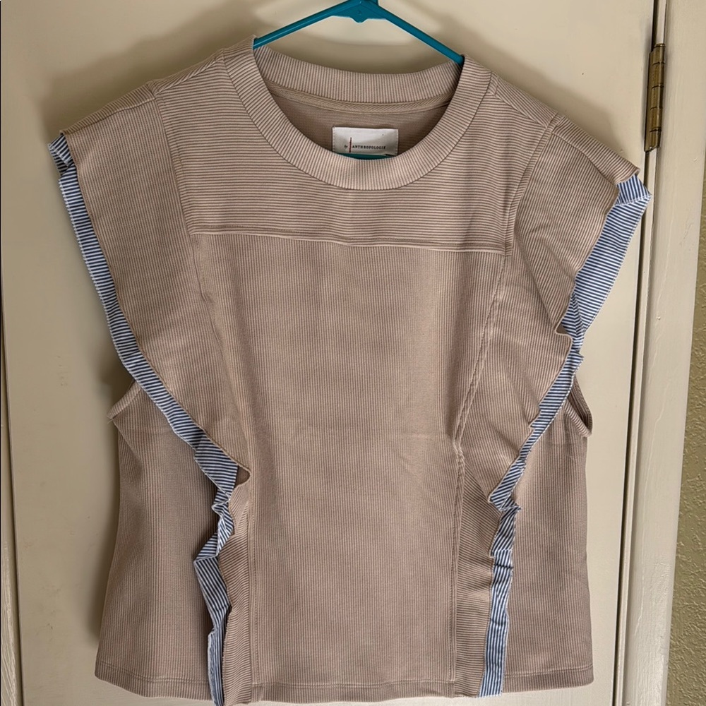 Anthropologie Beige Top with Blue-Striped Ruffle Trim